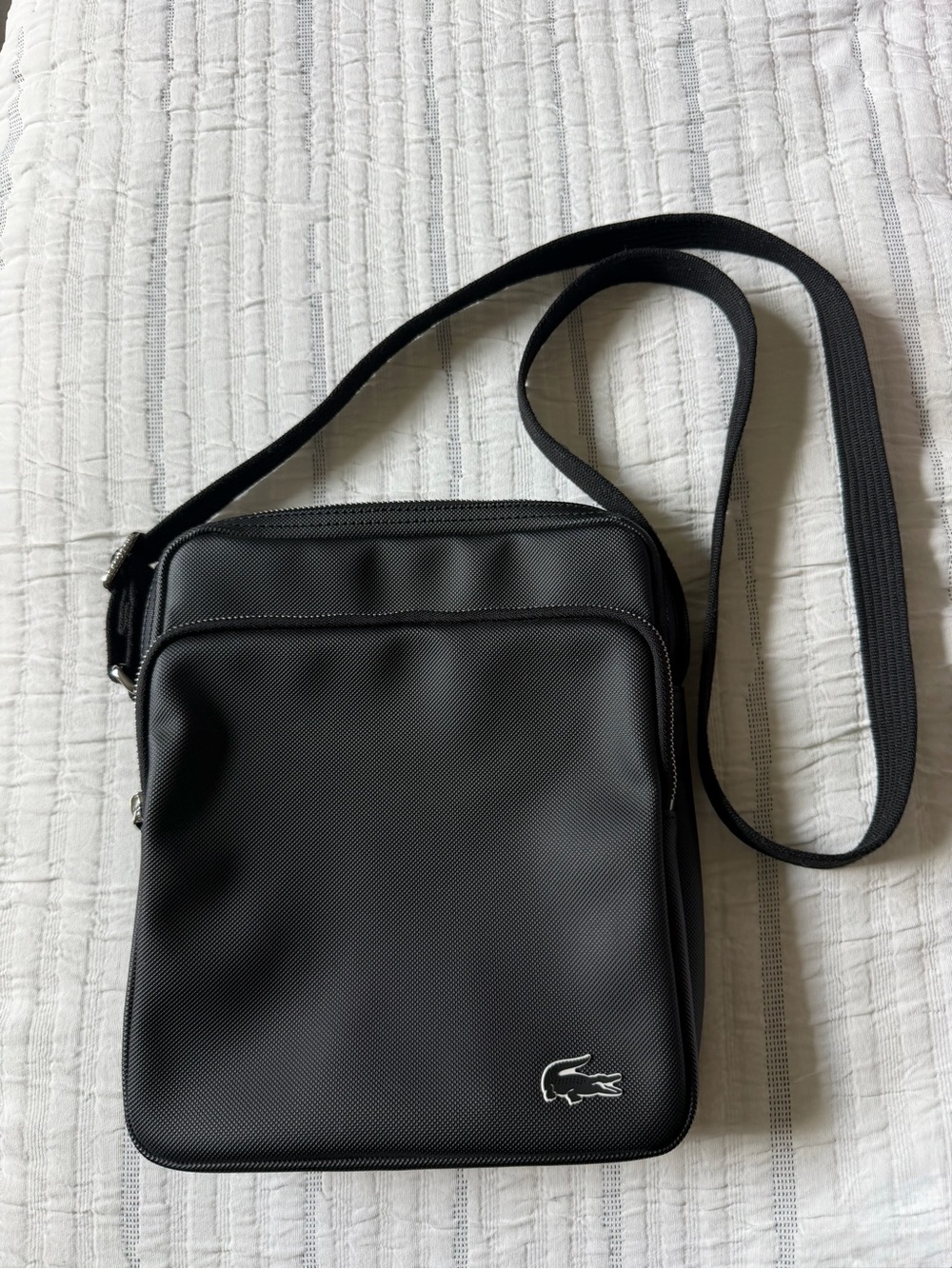 Lacoste Black Textured Crossbody Messenger Bag Adjustable Strap